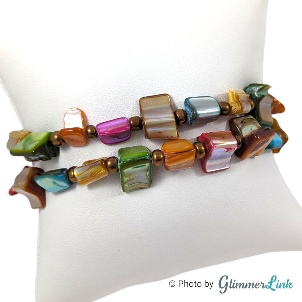 Multicolor Dyed Shell Bead Stretch Bracelets Set of 2